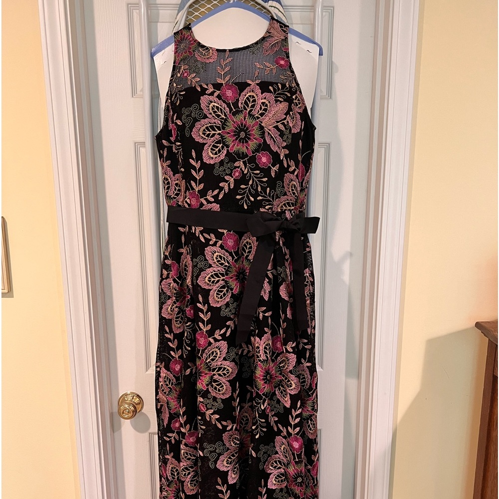 Black sleeveless full-length, beautifully embroidered A-line gown.